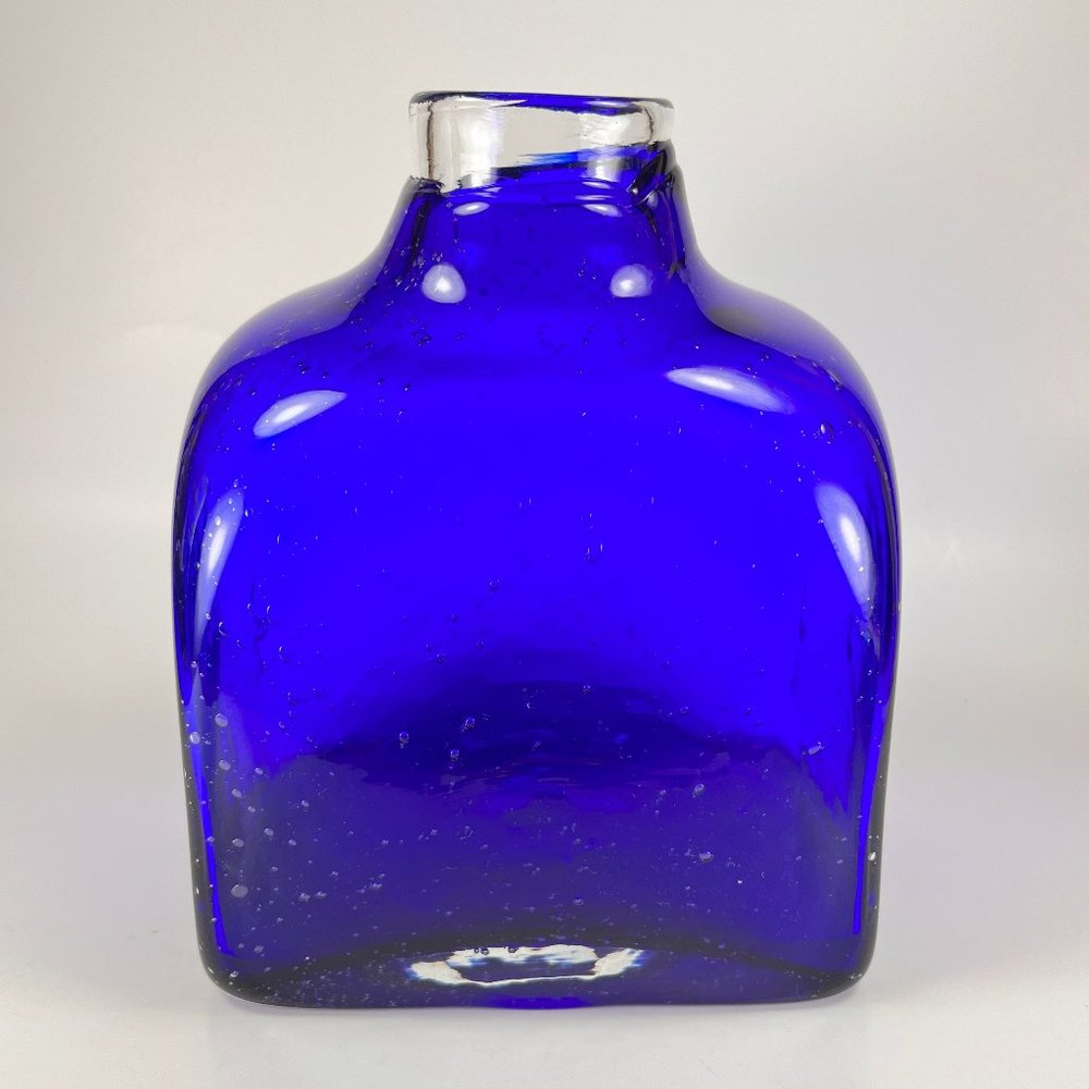 Cobalt Blue Vase Clear Cased Art Glass Hand Blown Bubbles Pattern - Picture 2 of 16